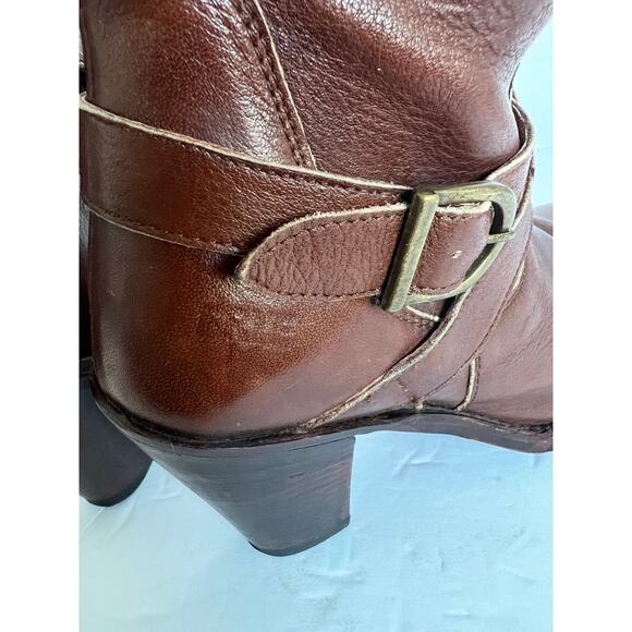 Frye Brown Leather Harness Strap Pointed Toe Knee High Pull On Heeled Boots 7.5 - Picture 11 of 14